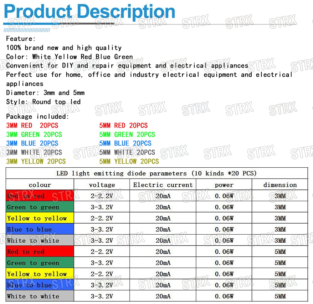 200PC/Lot 3mm & 5mm LED Kit Mixed Color Red Green Yellow Blue White Light Emitting Diodes with Storage Box
