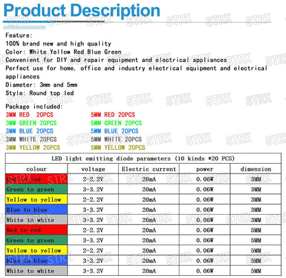 200PC/Lot 3mm & 5mm LED Kit Mixed Color Red Green Yellow Blue White Light Emitting Diodes with Storage Box