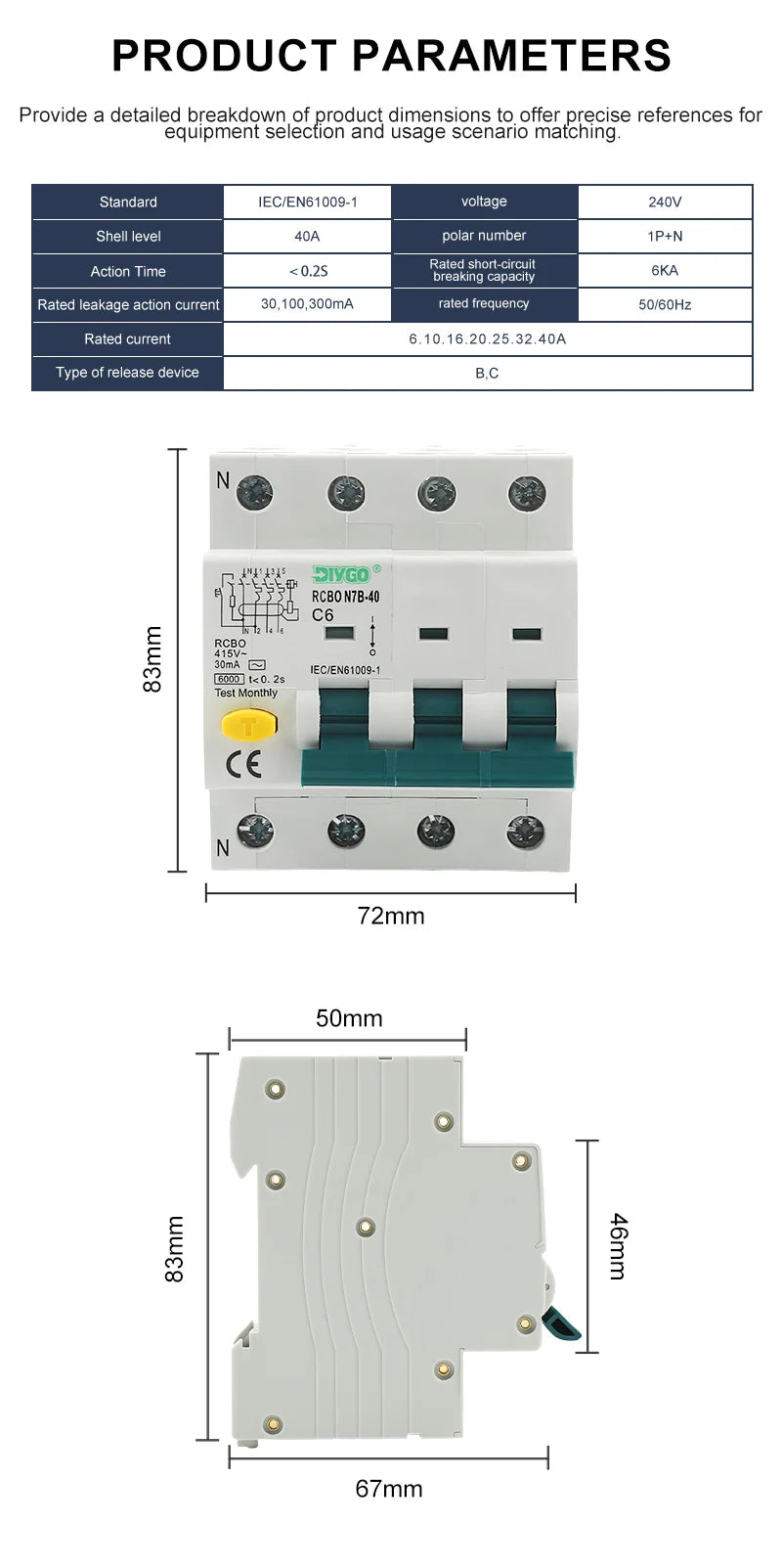 RCBO 3P+N Electro-Magnetic Residual Current Circuit Breaker with Overcurrent Leakage Protection 240V 4P