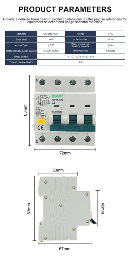 RCBO 3P+N Electro-Magnetic Residual Current Circuit Breaker with Overcurrent Leakage Protection 240V 4P