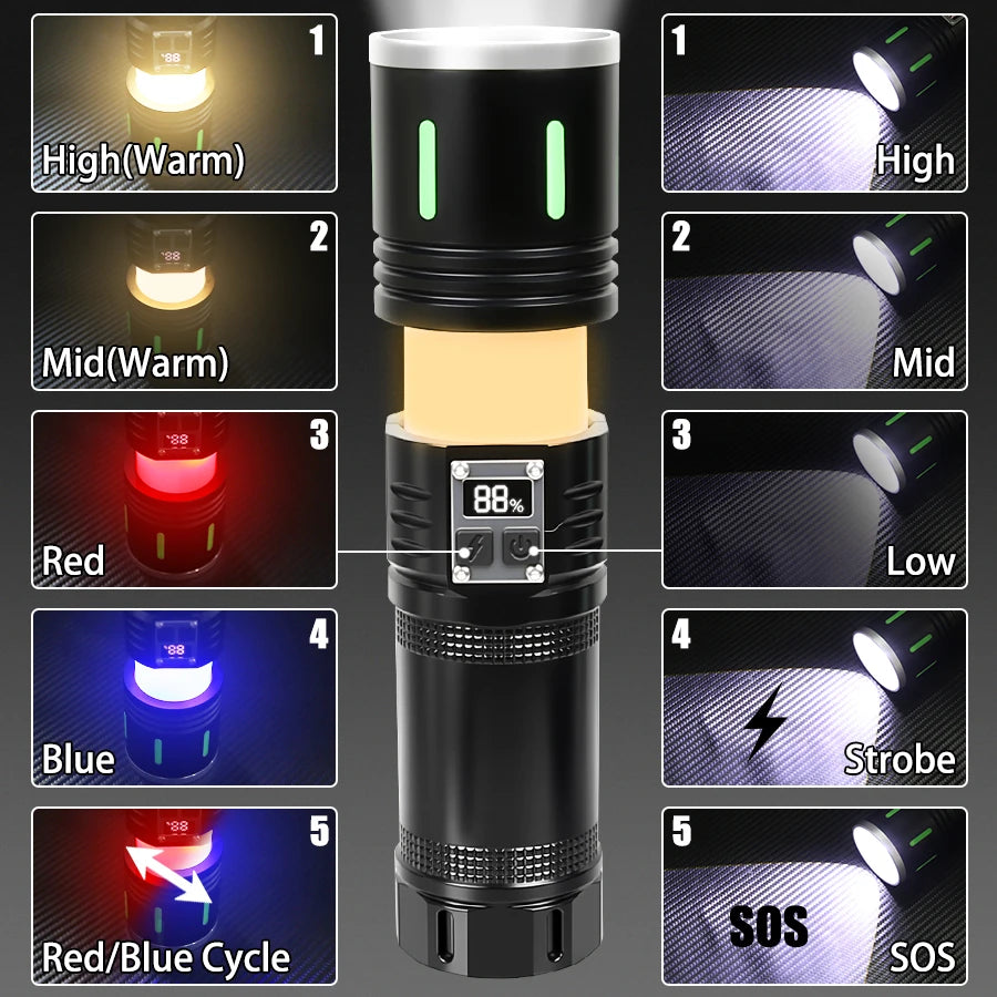 Super Powerful 19000000LM LED Flashlight Rechargeable Big Aperture Torch