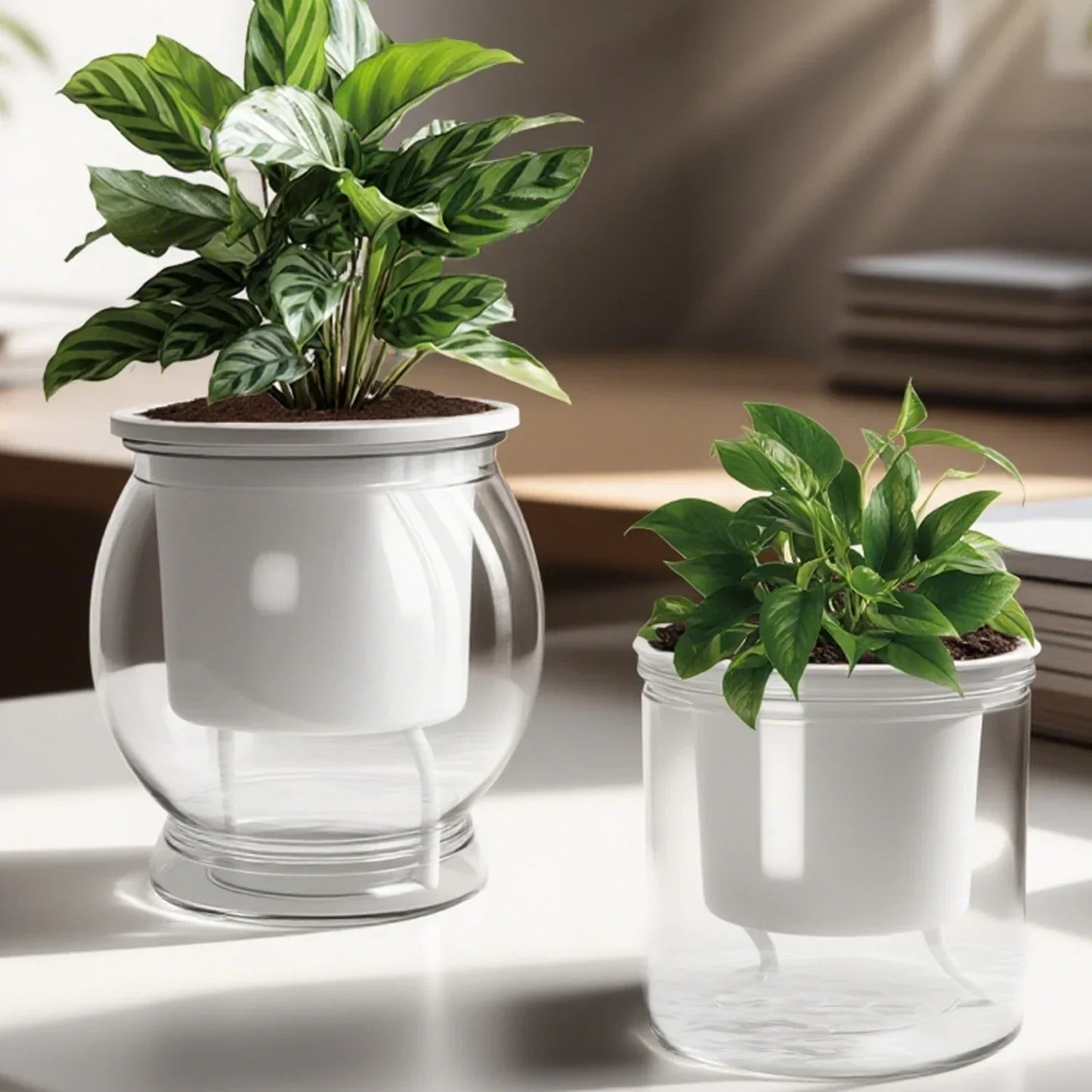 Self Watering Flower Pot Lightweight Transparent Round Resin Planter for Household Bedroom Plants Water Saving Lazy Garden Decor