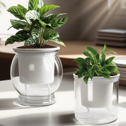 Self Watering Flower Pot Lightweight Transparent Round Resin Planter for Household Bedroom Plants Water Saving Lazy Garden Decor