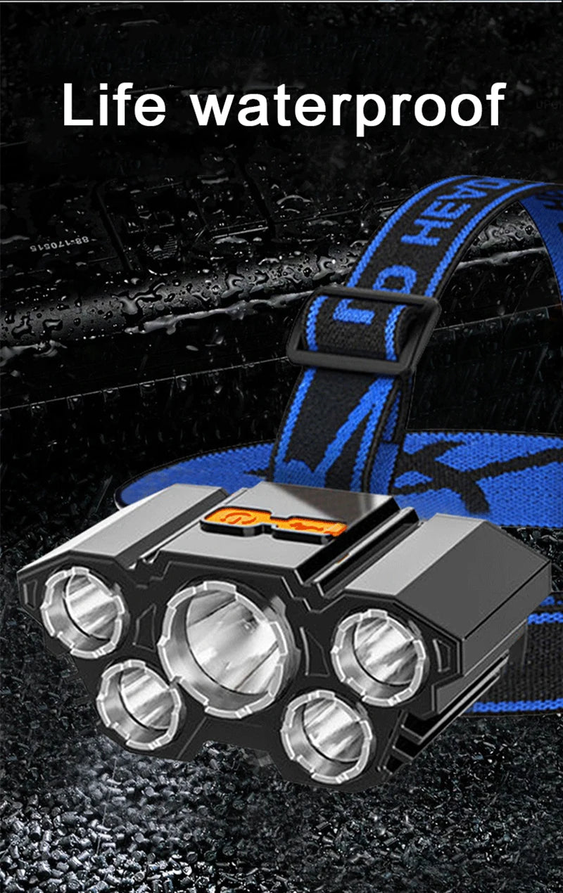 USB Rechargeable 5LED Headlamp High Power Head Flashlight 18650 Built-in battery Headlight LED Head Torch For Camping Fishing