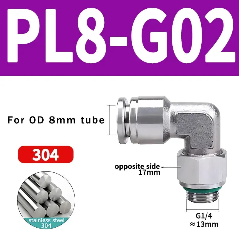 PL-G 304 Stainless Steel Pneumatic Elbow Fitting 1/8 1/4 3/8 1/2 External G Thread Quick Coupling Joint