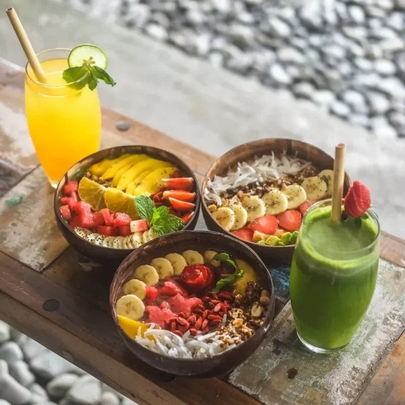 6/1PCS Natural Coconut Bowl Set Wooden Salad Ramen Bowl Coconut Wood Spoon Set Coco Smoothie Kitchen Tableware Coconut Bowl