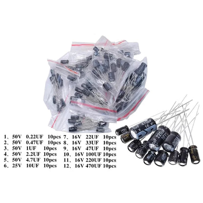 1set of 120pcs Aluminum Electrolytic Capacitor Assortment Kit 12 Values 0.22µF–470µF