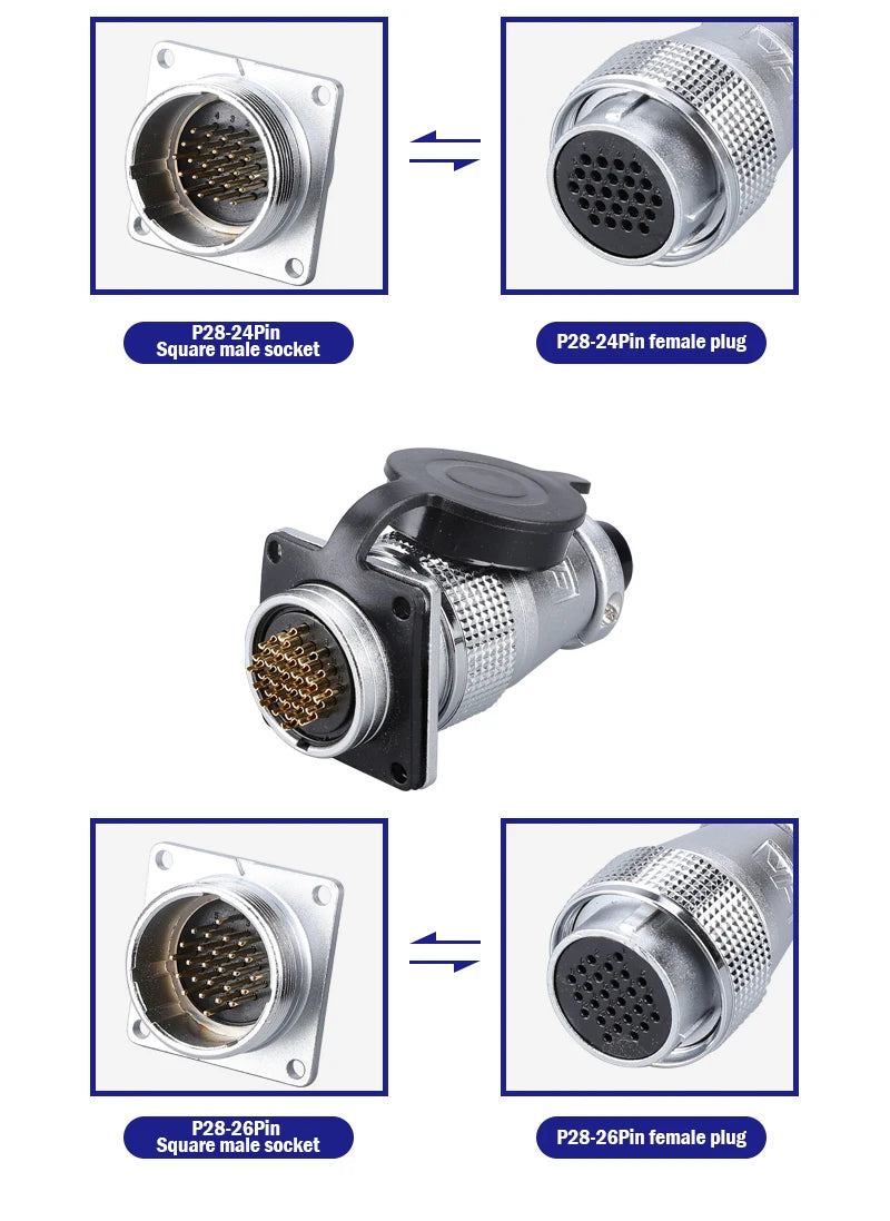 P28 Aviation Connector Square Flange Socket Male Female Circular Butt Joint 2/3/4/5/7/10/12/14/16/19/20/24 Pin P28K2Q PLS28