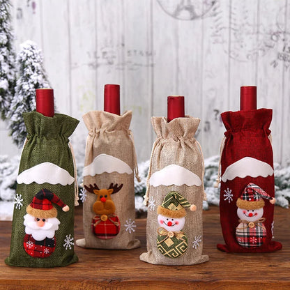 Creative Christmas Wine Bottle Cover Set Velvet Santa & Snowman Decor