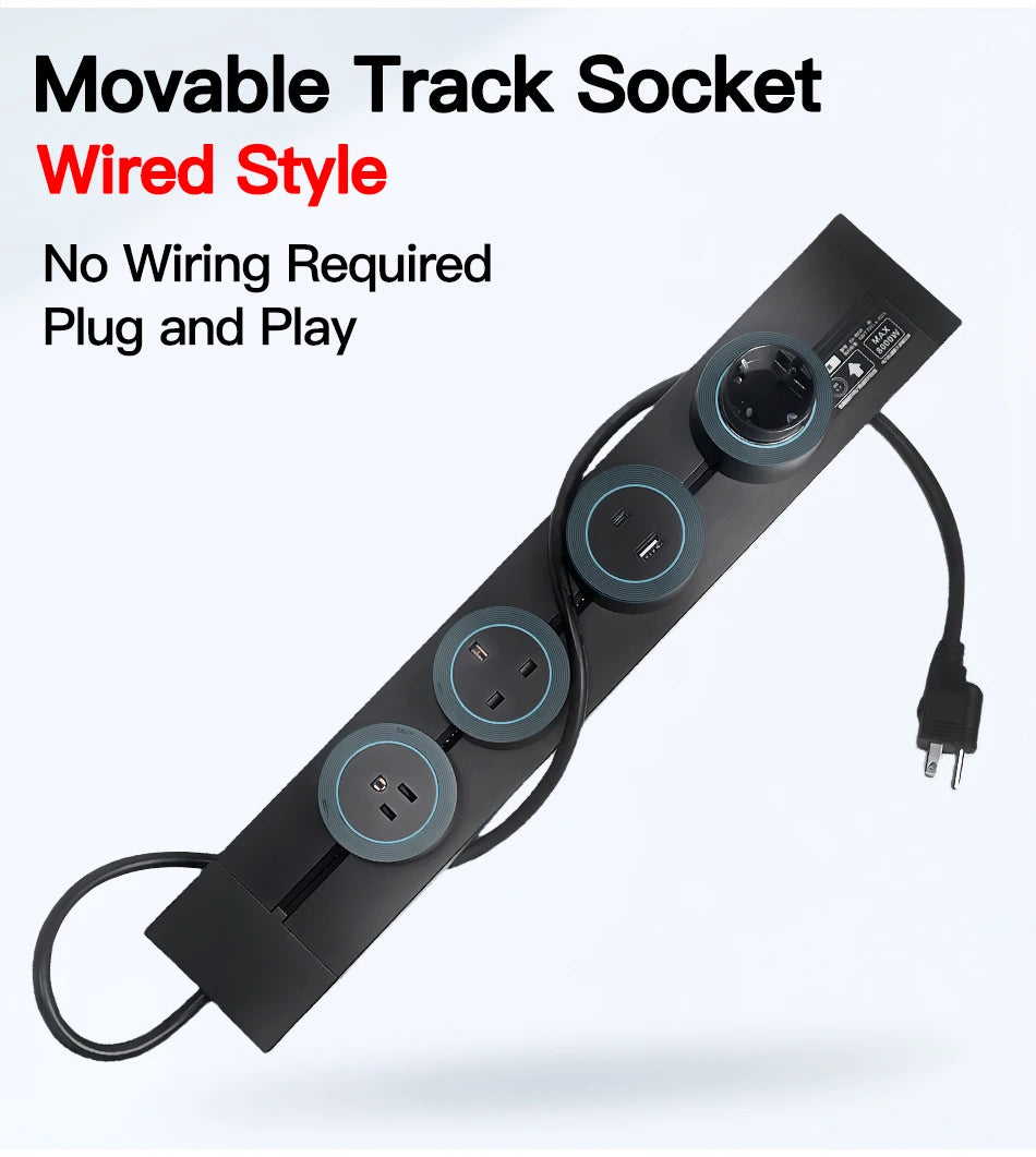 Wall-Mounted Power Track Outlet Rail Modular Sliding Socket Strip with USB-C US EU UK Adapters Grey Black for Office Home