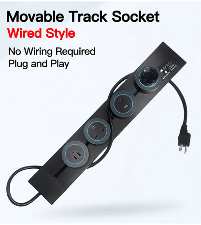 Wall-Mounted Power Track Outlet Rail Modular Sliding Socket Strip with USB-C US EU UK Adapters Grey Black for Office Home