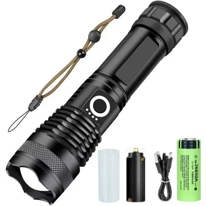 XHP100 LED Flashlight Rechargeable Zoom Super Bright Torch