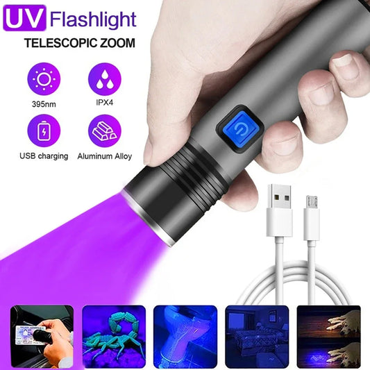 Mini Portable 365nm UV Flashlight Zoomable Ultraviolet Torch USB Rechargable For Pet Bacterium Detection Waterproof Black Light