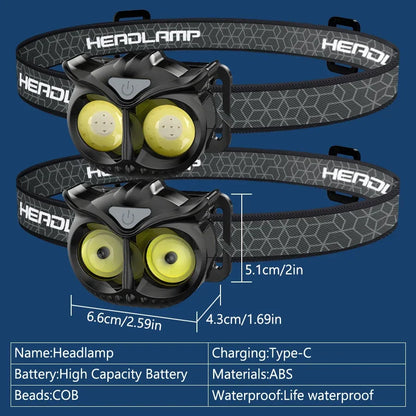 COB Owl Mini Headlamp Type-C Charge Headlight Portable Hunting Strong Magnet LED Flashlight Camping HeadLamp with Hanging Hook
