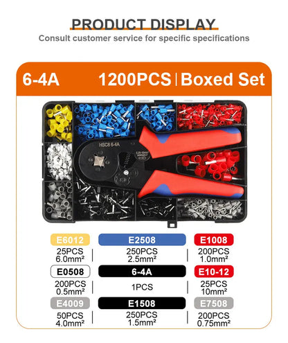 1200PCS Self Adjustable VE Tube Terminal Kits Tool Plier Set Cord End Bootlace Ferrules Wire Cable Crimper 6-4A/6-6A
