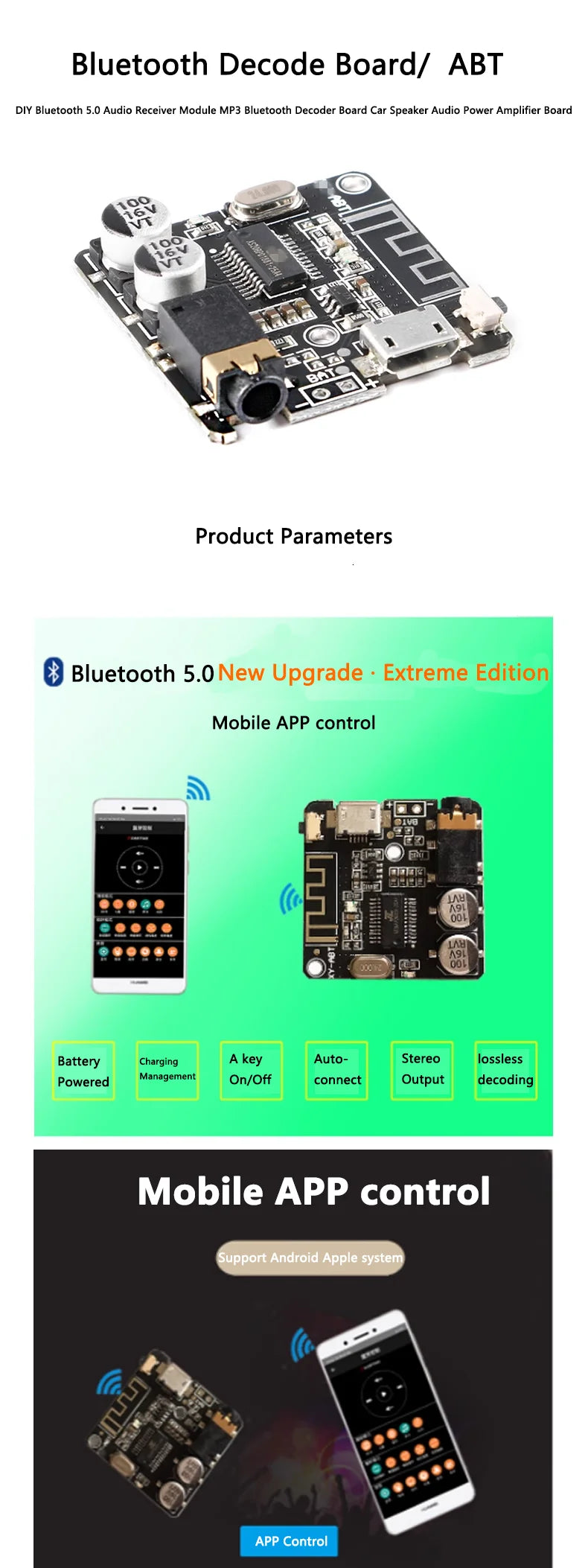 DIY Bluetooth 5.0 Audio Receiver Module MP3 Decoder Board with Car Speaker Amplifier ABT