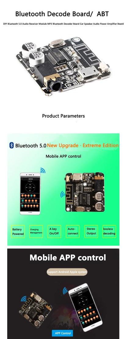 DIY Bluetooth 5.0 Audio Receiver Module MP3 Decoder Board with Car Speaker Amplifier ABT
