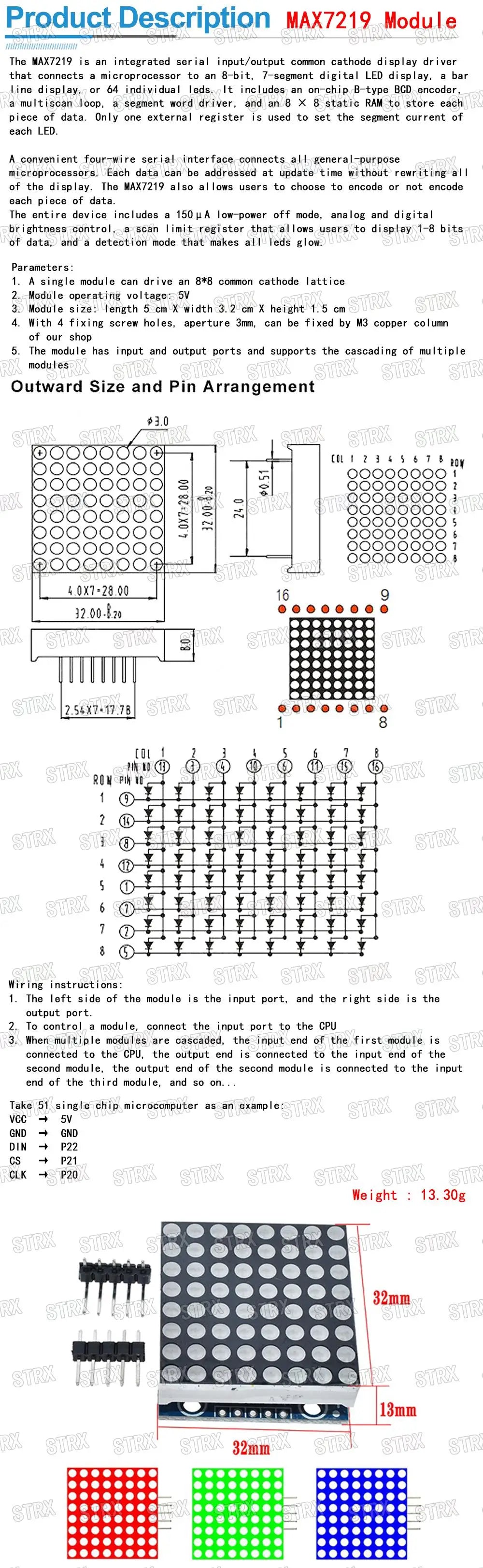 MAX7219 4-in-1 Dot Matrix Display Module with 5-Pin Interface for Arduino Microcontroller Projects