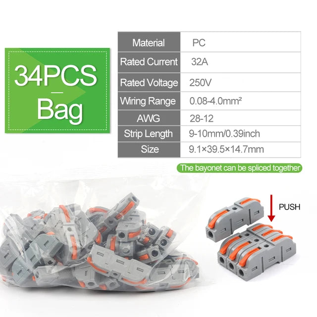 Quick Electrical Lever Wire Connectors, 2 Port Cable Spring Splice, Universal Compact Clamp Mini Wiring Terminal Connector