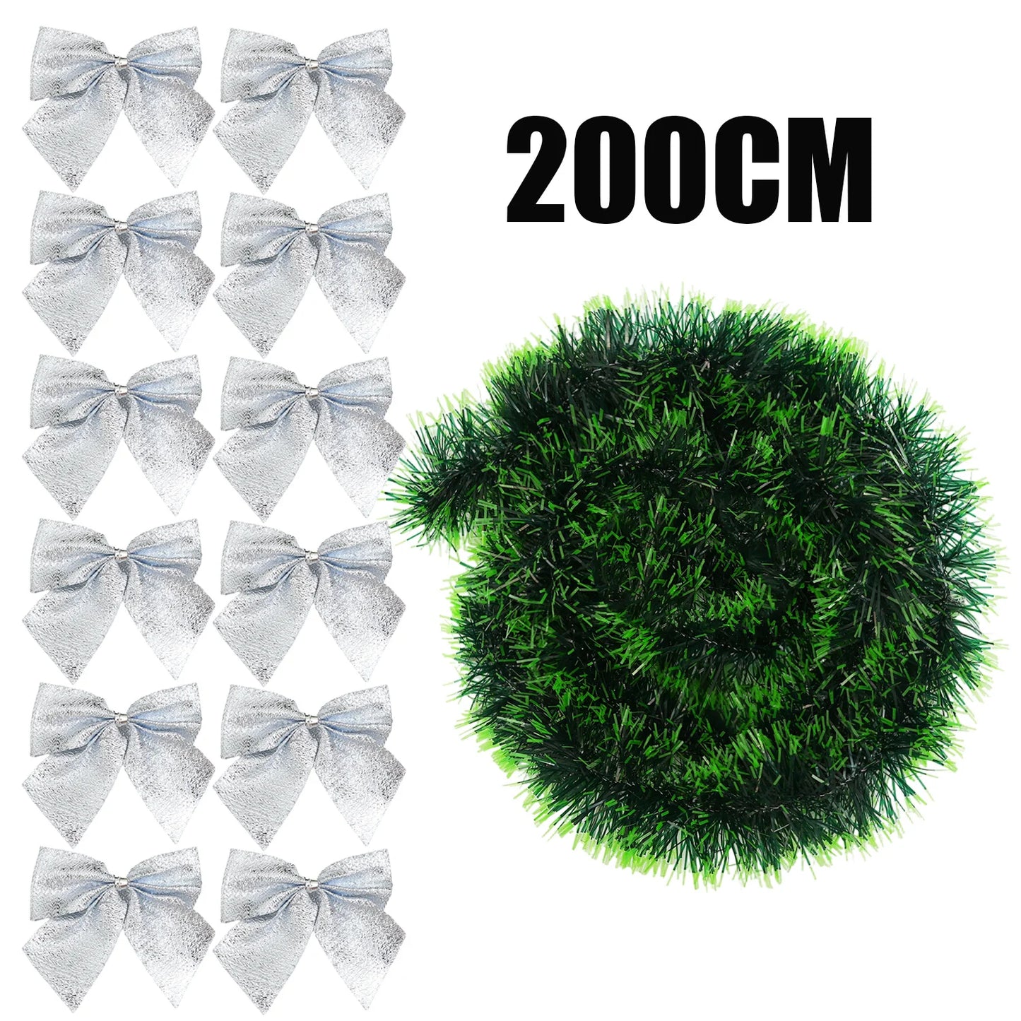 10/2M Christmas Bow Ribbon Garland Embellished Green Tinsel Xmas Tree Hanging Ornament Holiday Party Home Wedding Decoration