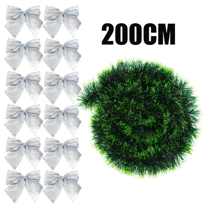 10/2M Christmas Bow Ribbon Garland Embellished Green Tinsel Xmas Tree Hanging Ornament Holiday Party Home Wedding Decoration