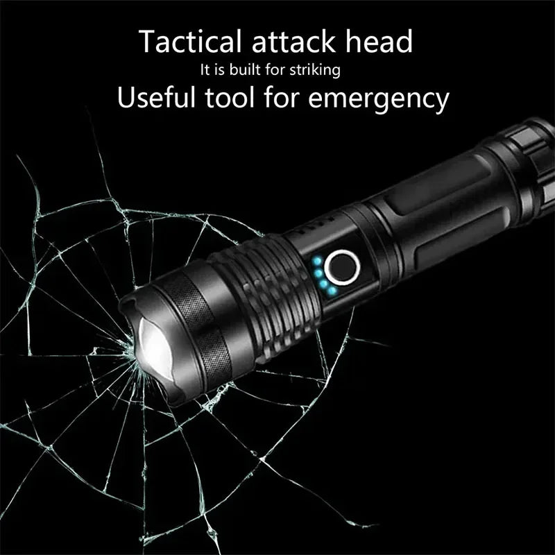 XHP100 LED Flashlight Rechargeable Zoom Super Bright Torch