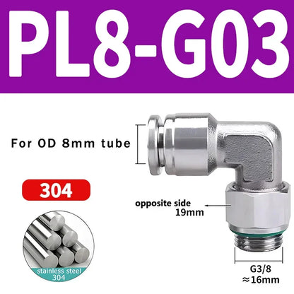 PL-G 304 Stainless Steel Pneumatic Elbow Fitting 1/8 1/4 3/8 1/2 External G Thread Quick Coupling Joint