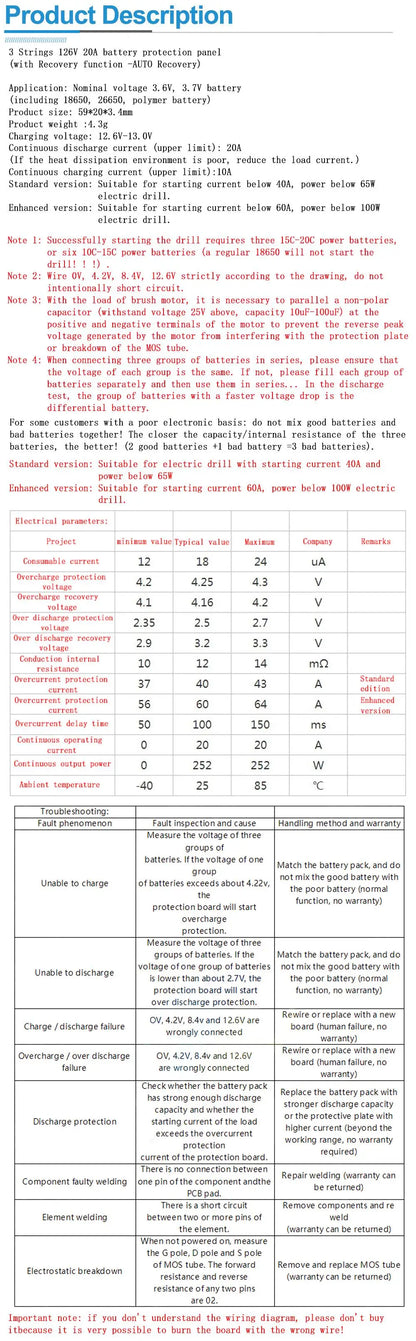 3S 12.6V 20A Li-ion Battery Charger BMS Protection Board for 18650 Cells and Drill Motors