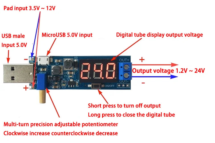 USB DC-DC Boost Power Regulator Module 5V to 3.3V/9V/12V/24V Digital Desktop Power Supply
