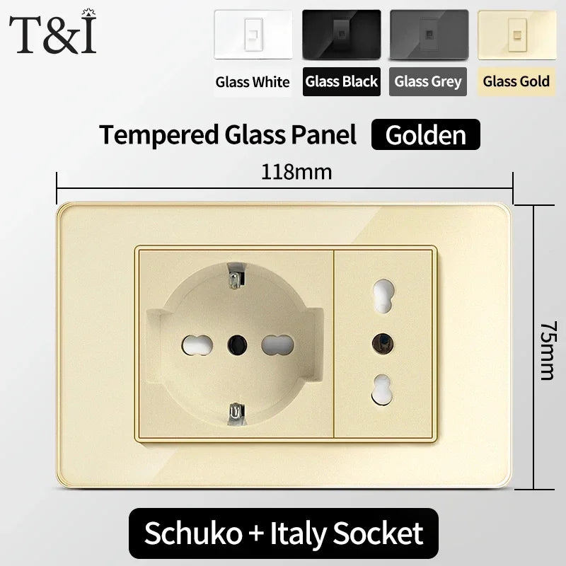 118-Style EU/CL Dual Socket with USB-C PD 20W Tempered Glass Italy & Chile Outlet for Home Office