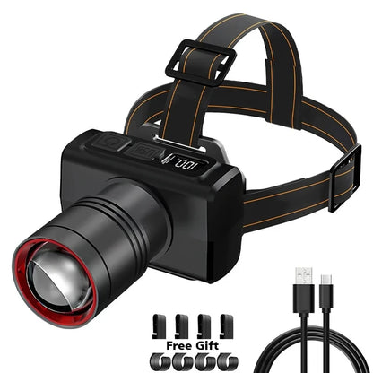 LED Rechargeable Headlight with Display Screen Adjustable Zoom Work Light