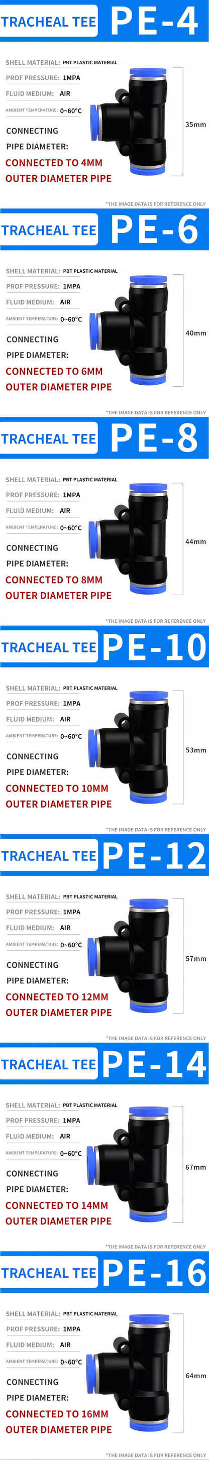 Pneumatic Push-In Quick Connector PE/PEG Plastic Tee Fittings (PE4 PEG6-4/8-4/8-6/10-6/8) for Air Compressor Fluid Systems Hose