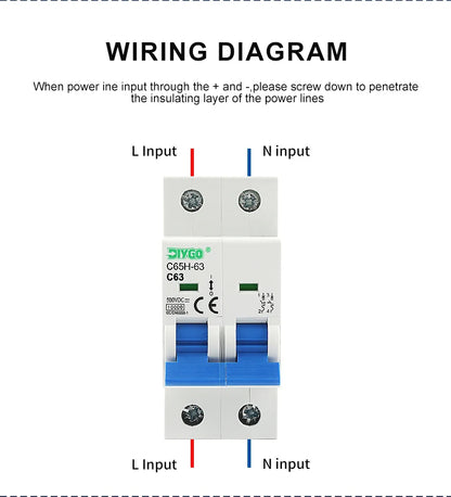 2P DC MCB 6KA 500V Solar Mini Circuit Breaker, 6A–63A for PV System, Battery Main Switch