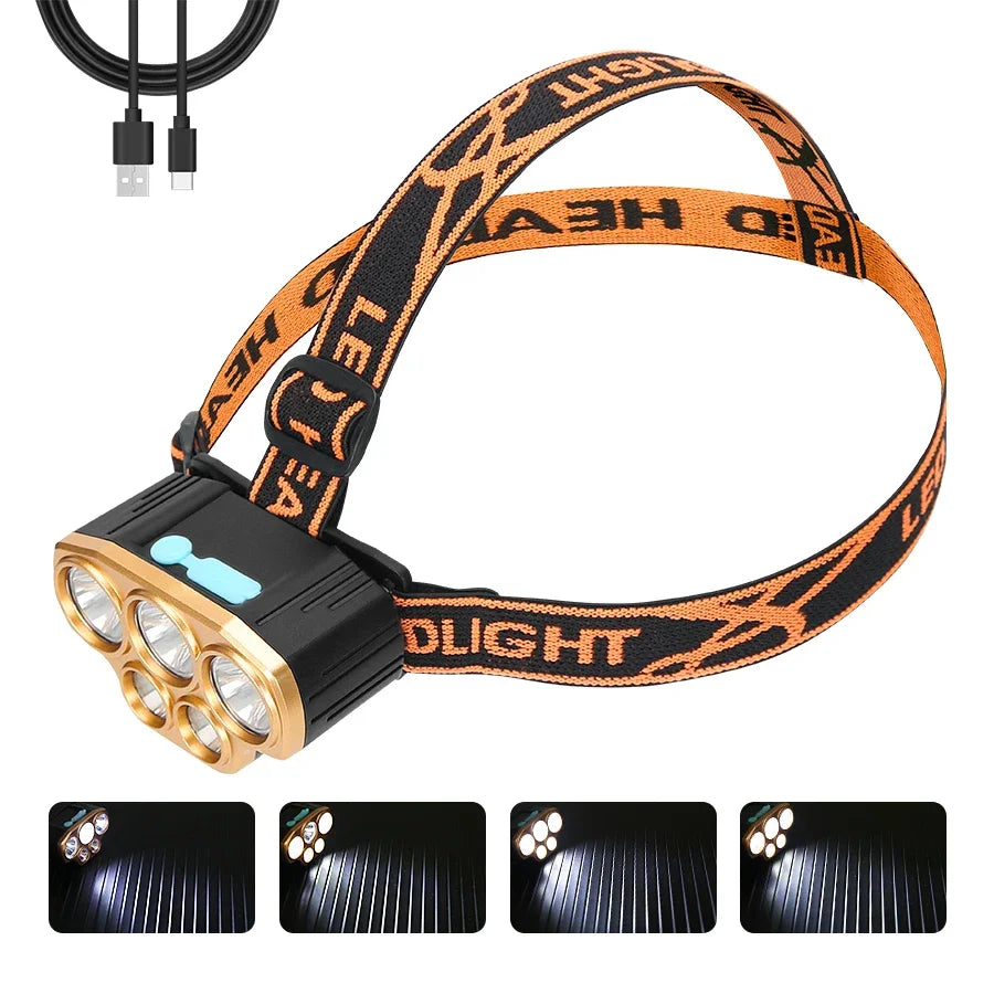 Rechargeable Ultra Bright Powerful 5 LED Headlight Waterproof Headlight Outdoor Camping Running Lighting 18650 Battery Spotlight