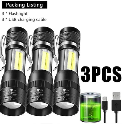 USB Rechargeable Mini Flashlight COB XPE Zoom Torch 3 Mode