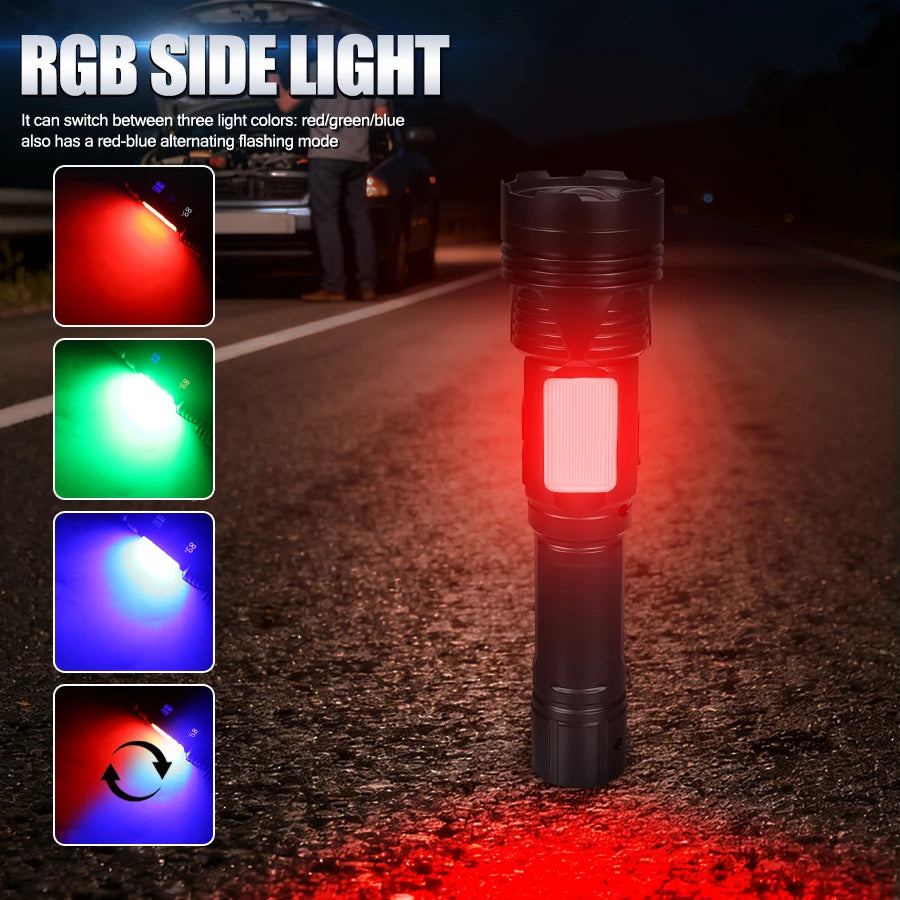 Outdoor Rechargeable RGB Led Flashlight Zoomable Torch Strong Light 11 Mode Tactical Lamp for Camping Fishing Emergency Lantern