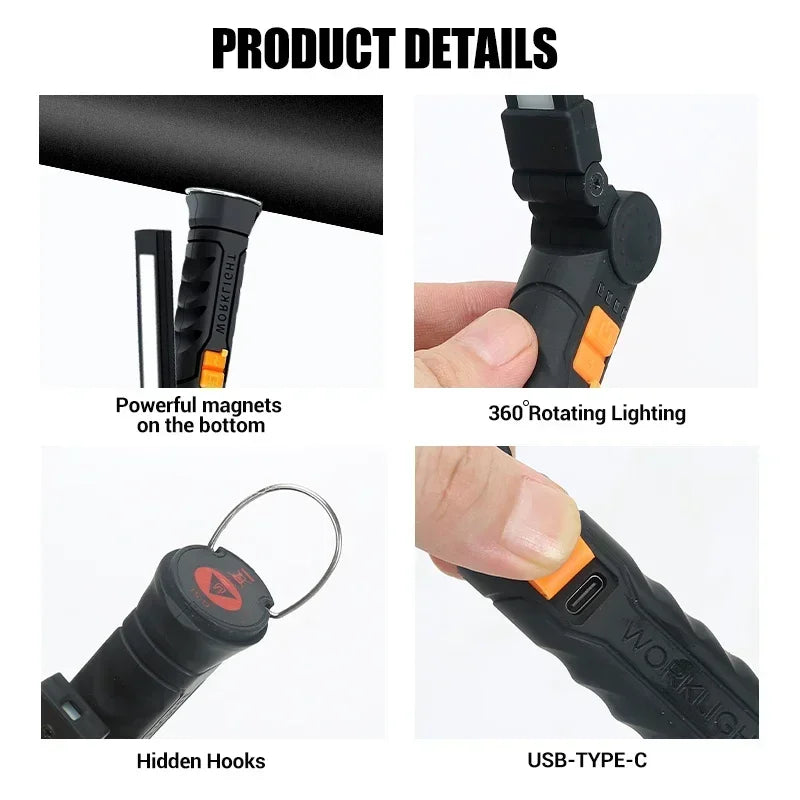 High Power LED Work Light 5 Lighting Mode Rechargeable Flashlight Inspection Lamp with Magnetic Power Bank 18650 Battery Torch