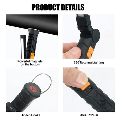 High Power LED Work Light 5 Lighting Mode Rechargeable Flashlight Inspection Lamp with Magnetic Power Bank 18650 Battery Torch