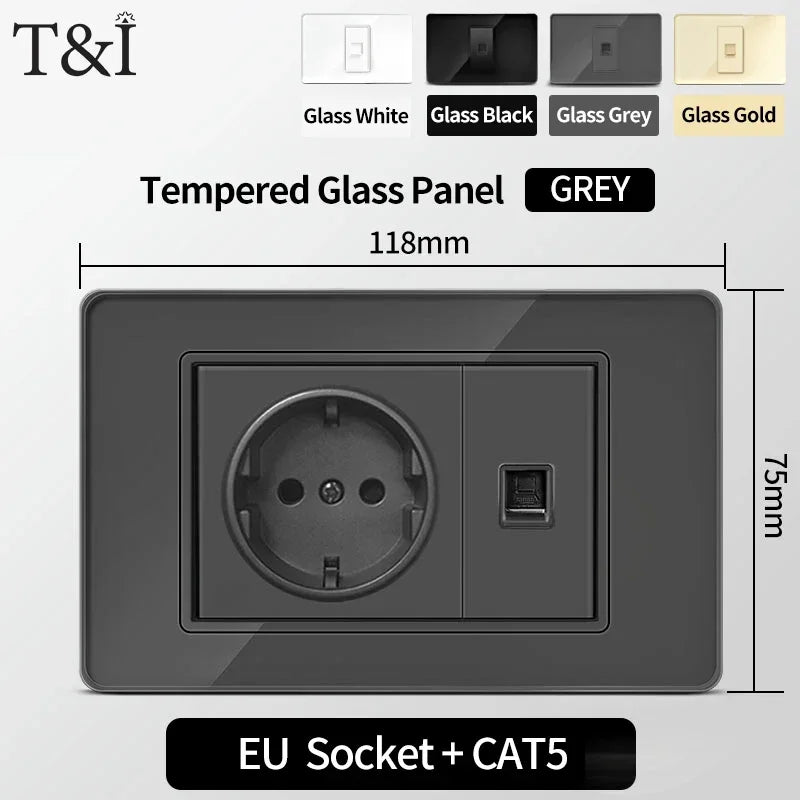 T&I Wall Switch Socket with USB-C Fast Charging Italy & Chile Schuko Outlet Tempered Glass Panel