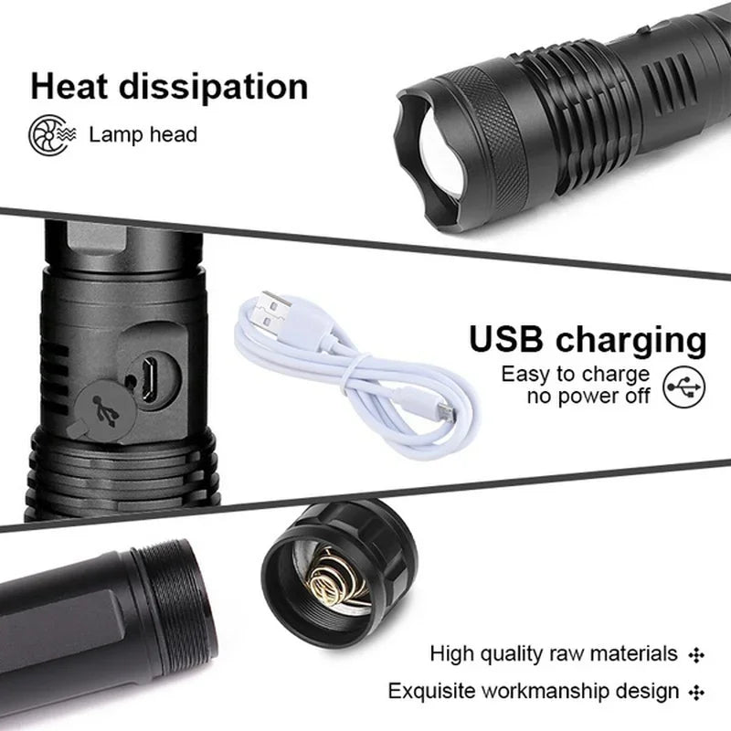 High Power XHP100 LED Flashlight Rechargeable Zoom Torch Super Bright