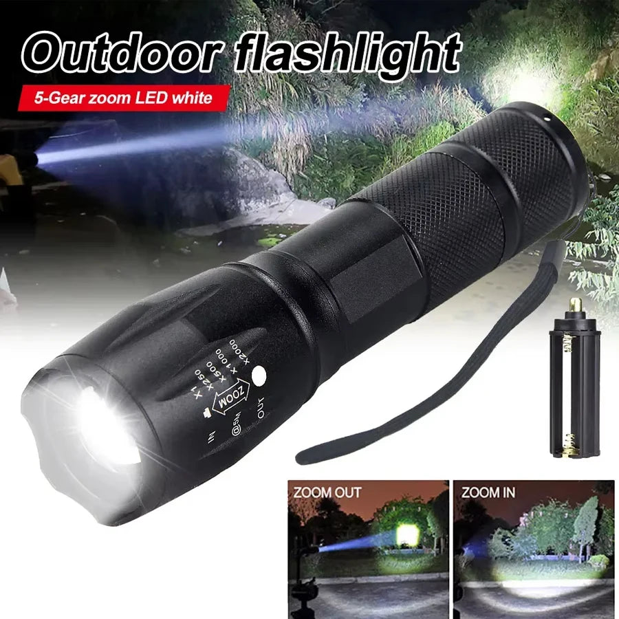 High Power T6 LED Flashlights Camping Torch 5 Light Modes Zoom Light Aluminum Alloys Waterproof Material External 18650 Battery