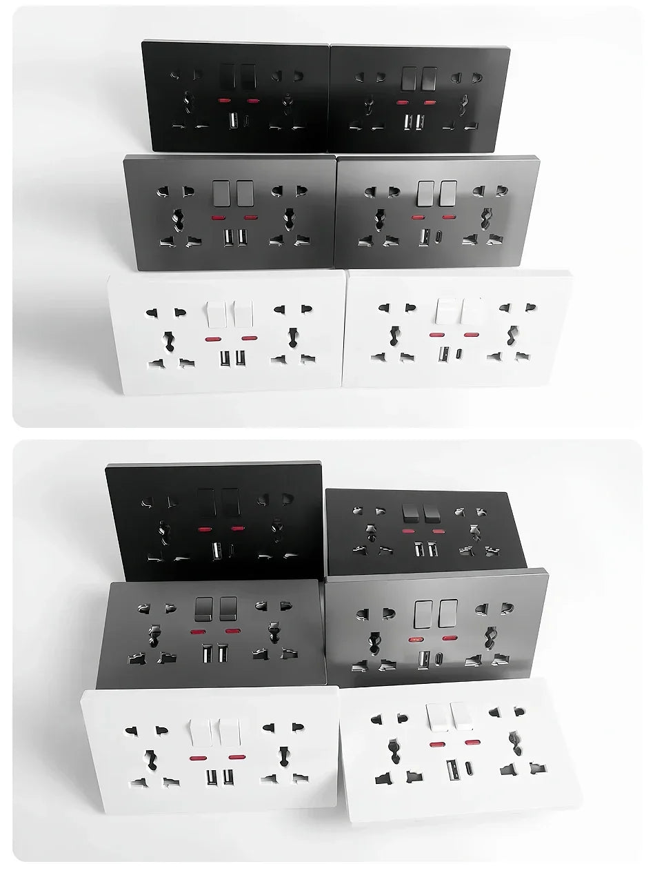 Universal Wall Socket 2-Gang Power Outlet with Switches, USB-C Charging Port, LED Indicator, Flush Mount, AC 110-250V