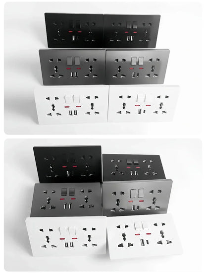 Universal Wall Socket 2-Gang Power Outlet with Switches, USB-C Charging Port, LED Indicator, Flush Mount, AC 110-250V