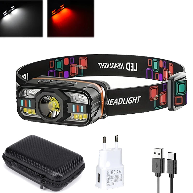 Powerful LED Headlight Handfress Motion Sensor Headlamp Head Lamp 6 Modes COB Flashlight Torch Head Light for Outdoor Camping