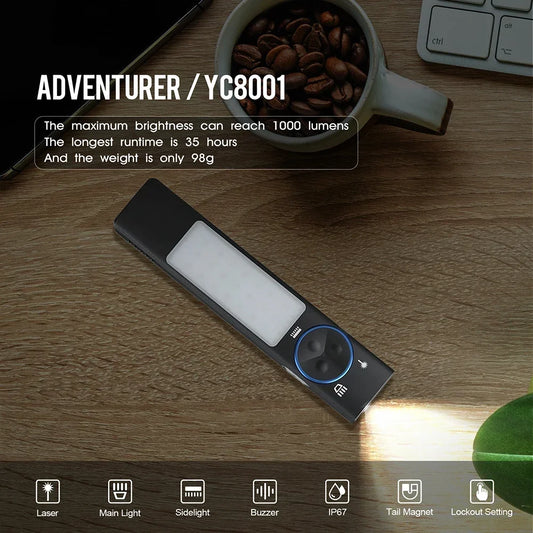 YC8001 Multifunctional Flat LED Flashlight Rechargeable EDC Torch with Tail Magnet Buzzer 365nm UV Light 3-mode Camping Lantern