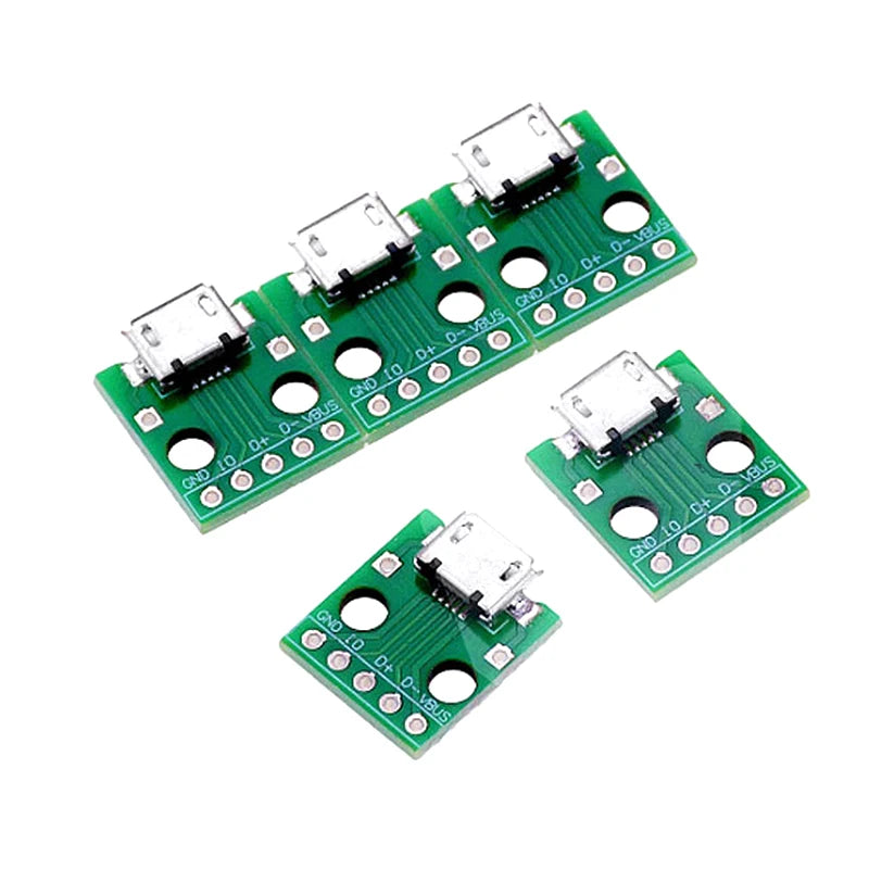 Micro USB to DIP Adapter — 5-Pin Female, 2.54mm Pitch, PCB Breakout, -40°C to 85°C (5-Pack)