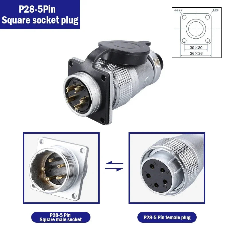 P28 Aviation Connector Square Flange Socket Male Female Circular Butt Joint 2/3/4/5/7/10/12/14/16/19/20/24 Pin P28K2Q PLS28