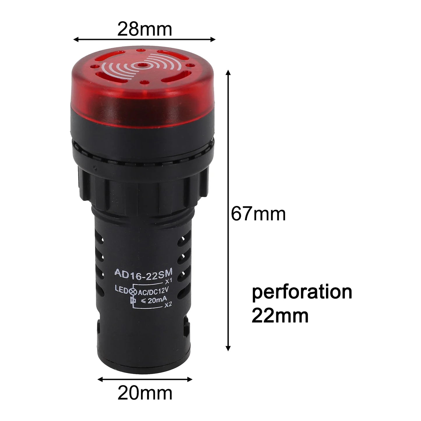 22mm Sound & Light Alarm — AD16-22SM Red LED Buzzer, AC/DC 12V/24V/220V