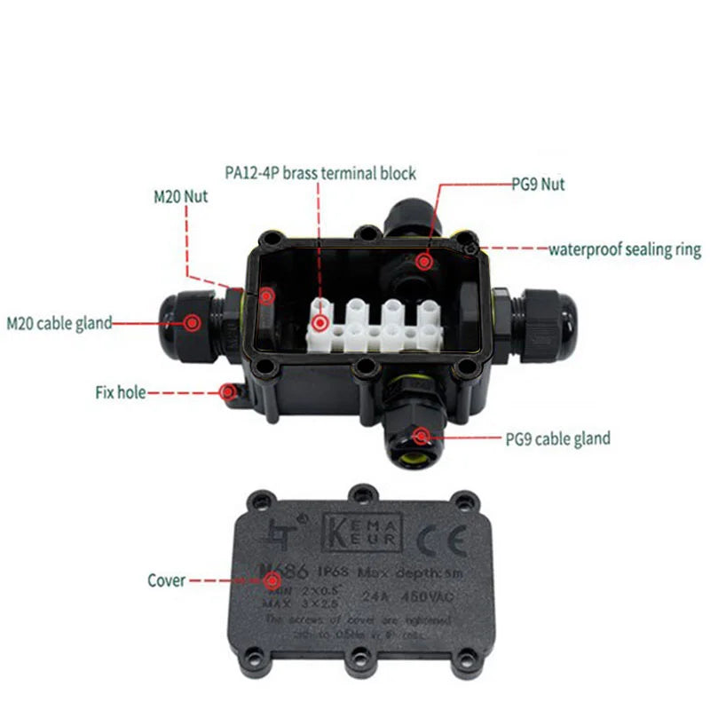 IP66 Waterproof Outdoor Junction Box 2/3 Way Electrical Cable Connector Case