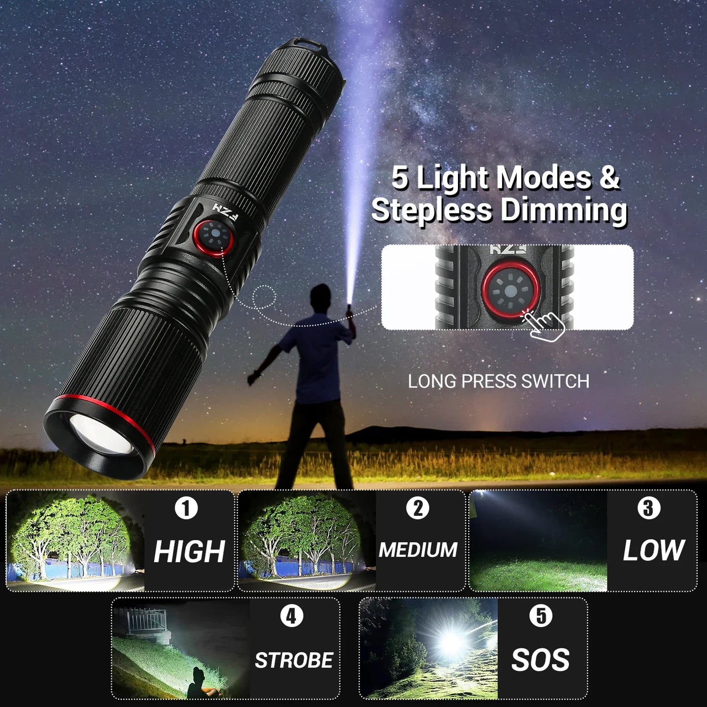 LED High Power Strong Light Long-range Tactical Flashlight Type-C Charging Waterproof Outdoor Emergency Lighting Spotlight